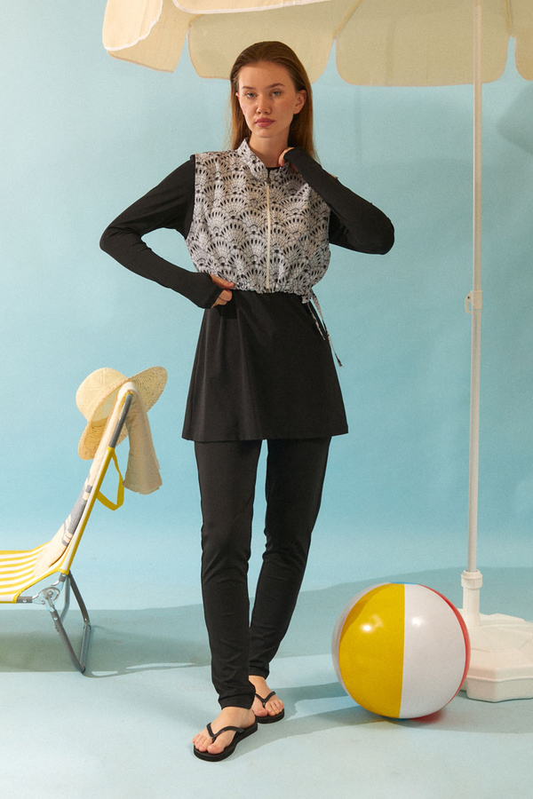 Deniz Kabuğu Desenli Tesettür Mayo Siyah - 11