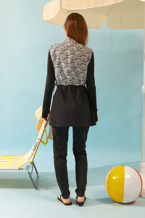 Deniz Kabuğu Desenli Tesettür Mayo Siyah - 17