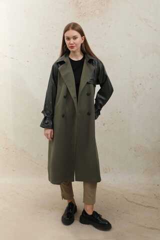 Deri Detaylı Trençkot Haki - 2