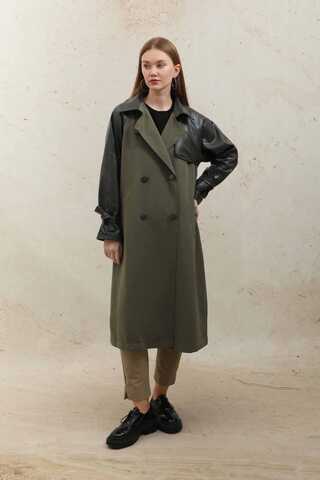 Deri Detaylı Trençkot Haki - 5