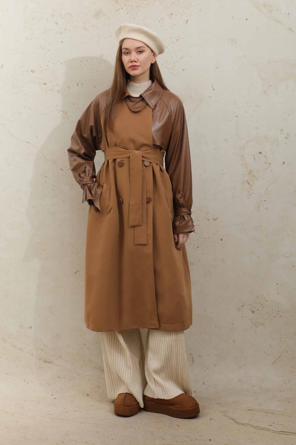 Deri Detaylı Trençkot Taba - 6