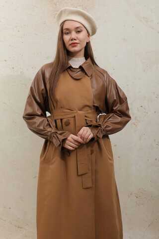 Deri Detaylı Trençkot Taba - 8