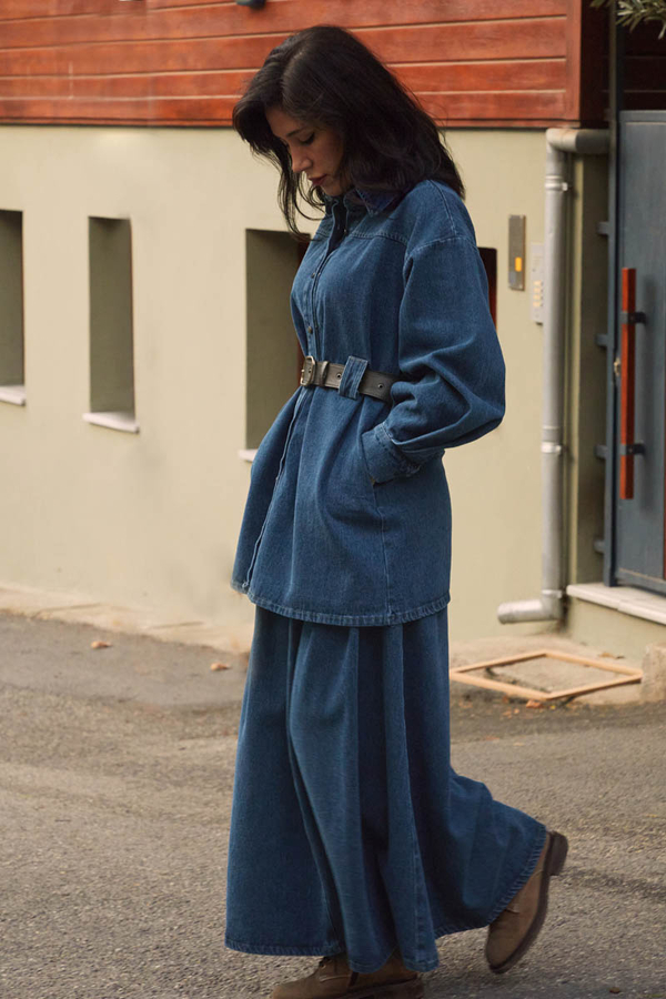 Deri Kemerli Denim Gömlek Açık Mavi - 9