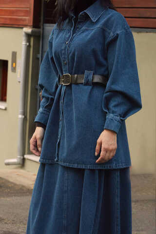 Deri Kemerli Denim Gömlek Açık Mavi - 1