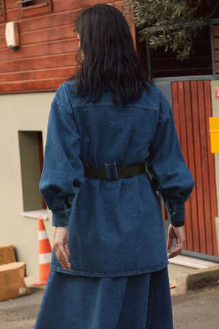 Deri Kemerli Denim Gömlek Açık Mavi - 3