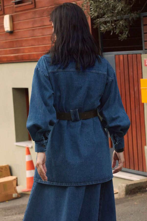 Deri Kemerli Denim Gömlek Açık Mavi - 3