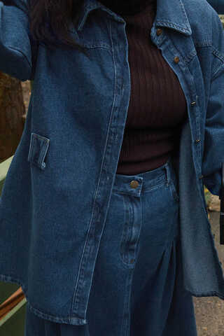 Deri Kemerli Denim Gömlek Açık Mavi - 6