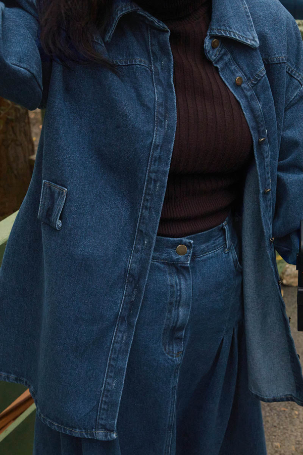 Deri Kemerli Denim Gömlek Açık Mavi - 6