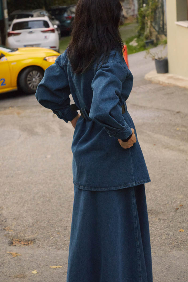 Deri Kemerli Denim Gömlek Açık Mavi - 7
