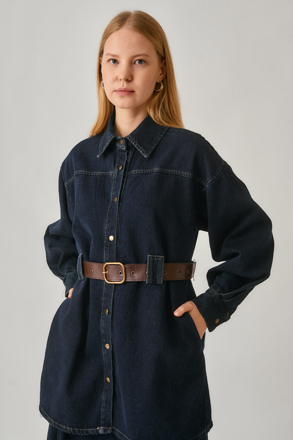 Deri Kemerli Denim Gömlek Koyu Mavi - 7