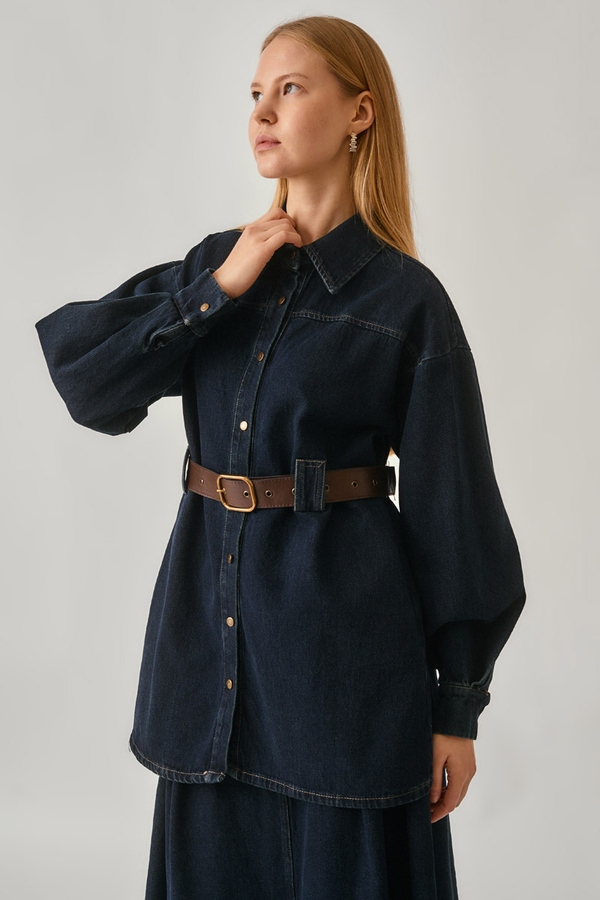 Deri Kemerli Denim Gömlek Koyu Mavi - 8