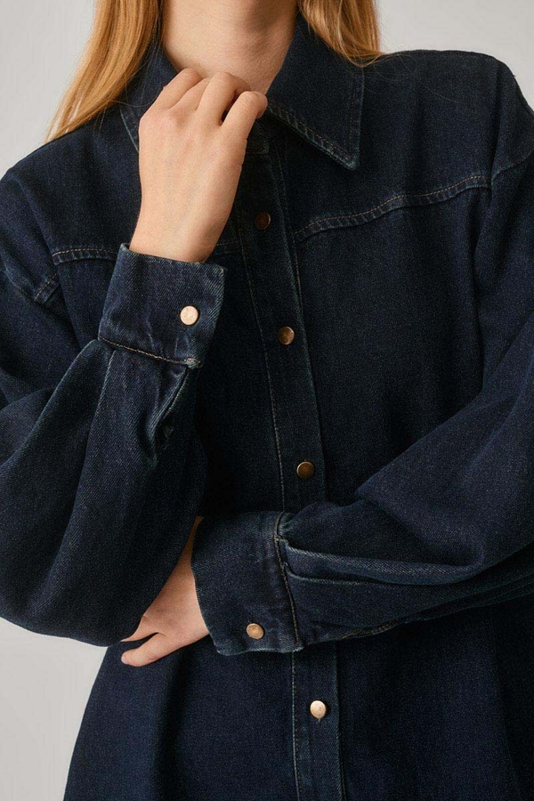 Deri Kemerli Denim Gömlek Koyu Mavi - 10