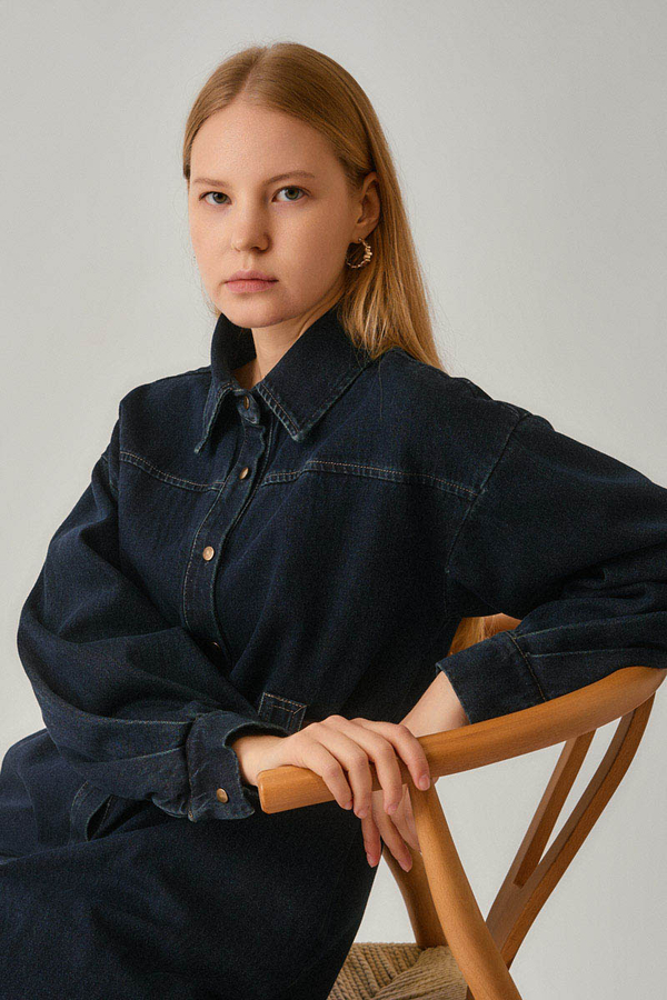 Deri Kemerli Denim Gömlek Koyu Mavi - 6