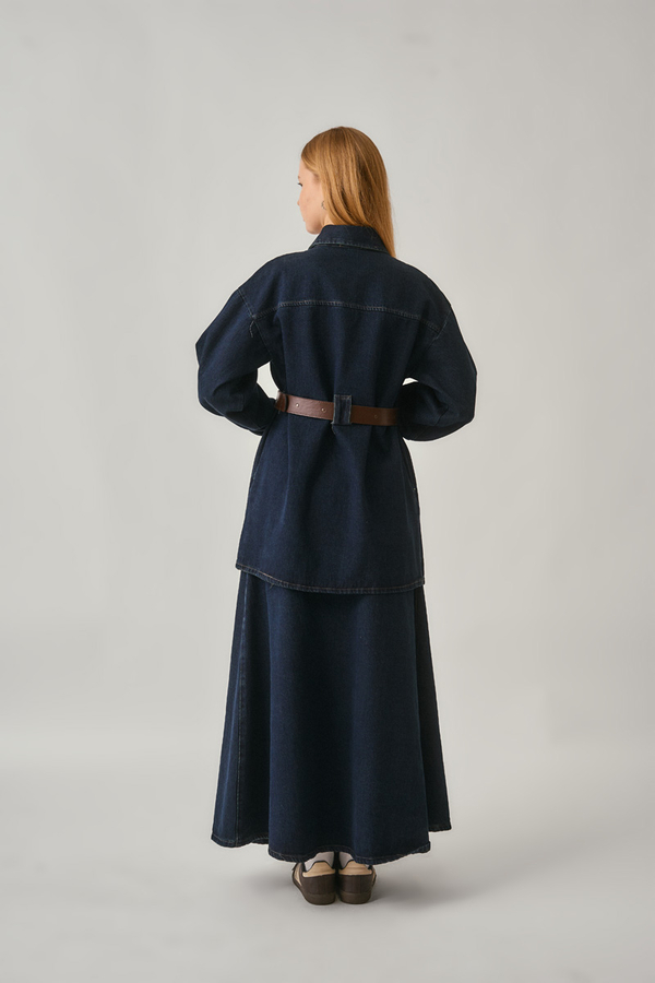 Deri Kemerli Denim Gömlek Koyu Mavi - 13