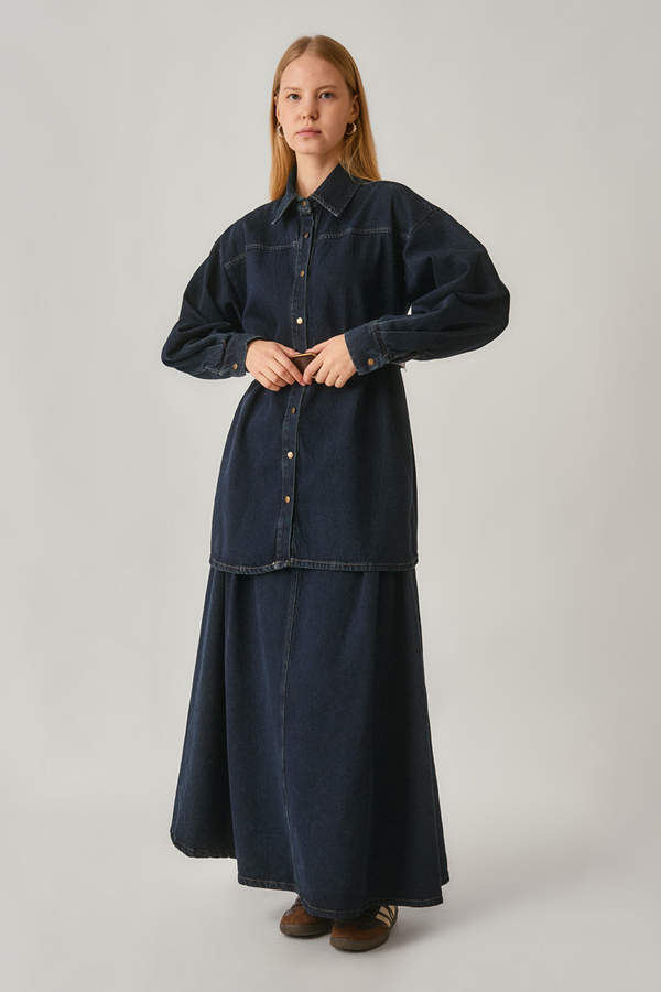 Deri Kemerli Denim Gömlek Koyu Mavi - 3