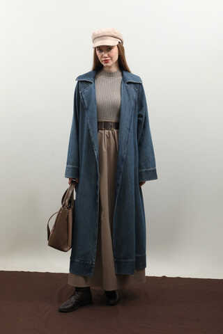 Deri Kemerli Denim Trençkot Açık Mavi - 8