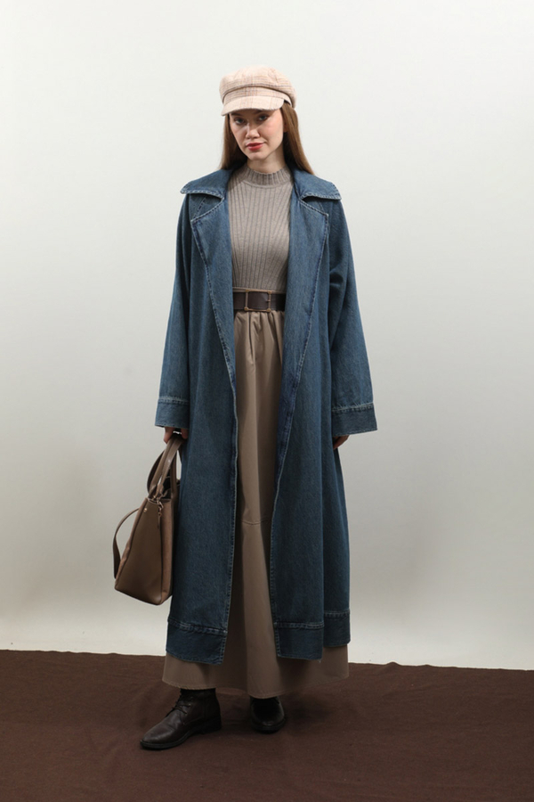 Deri Kemerli Denim Trençkot Açık Mavi - 8