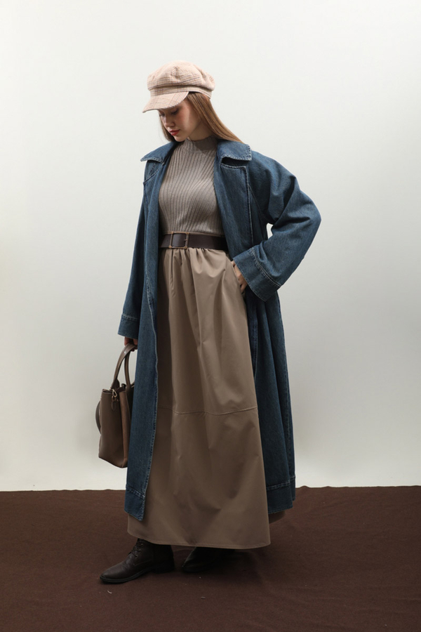 Deri Kemerli Denim Trençkot Açık Mavi - 10