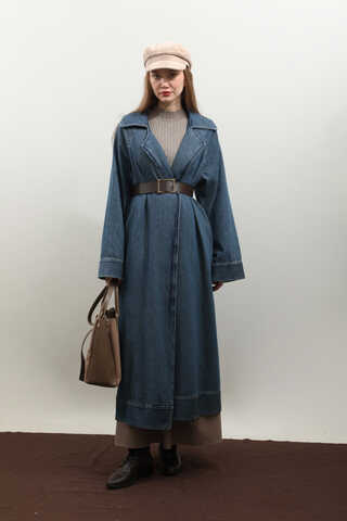Deri Kemerli Denim Trençkot Açık Mavi - 11