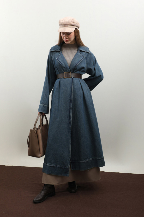 Deri Kemerli Denim Trençkot Açık Mavi - 7