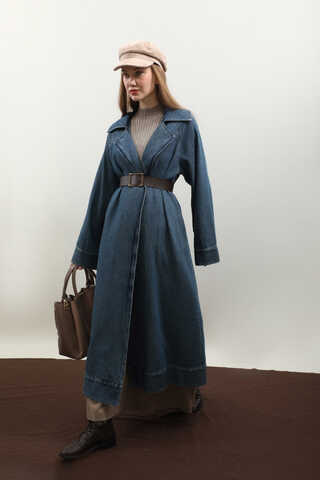 Deri Kemerli Denim Trençkot Açık Mavi - 13