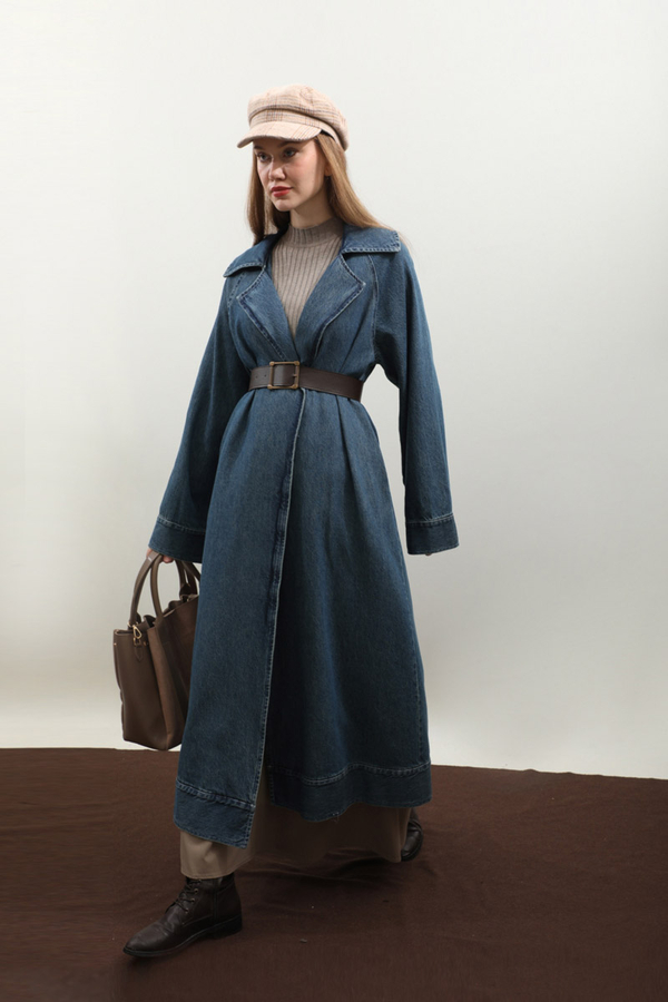 Deri Kemerli Denim Trençkot Açık Mavi - 13