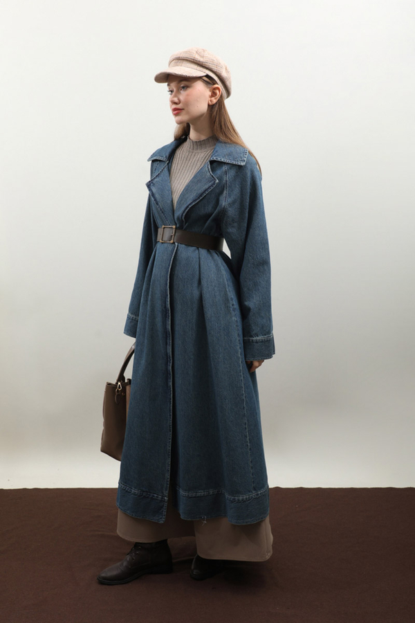 Deri Kemerli Denim Trençkot Açık Mavi - 14