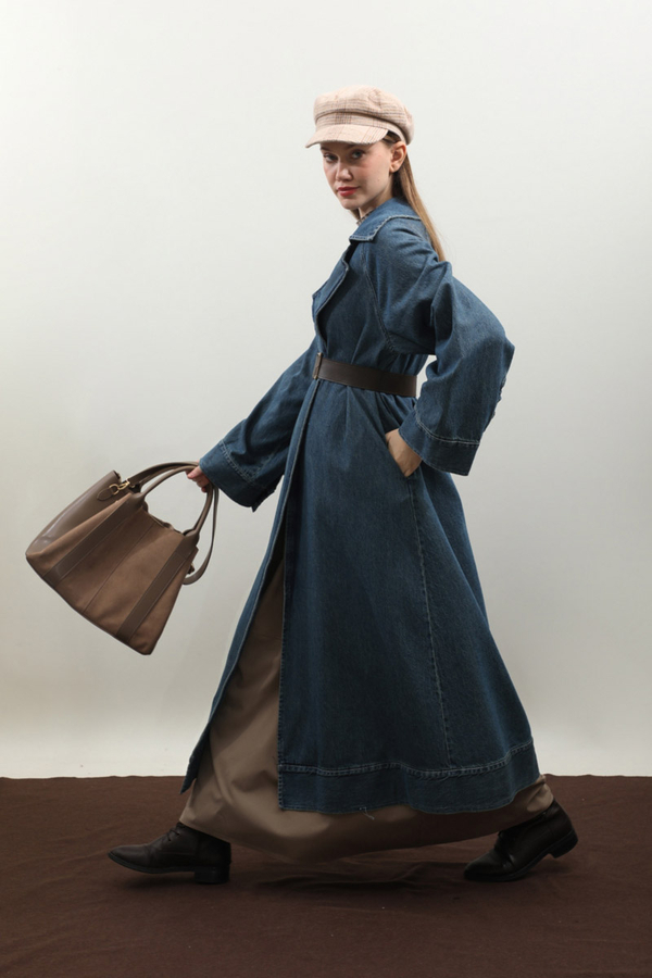 Deri Kemerli Denim Trençkot Açık Mavi - 16