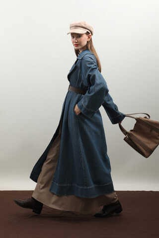 Deri Kemerli Denim Trençkot Açık Mavi - 17