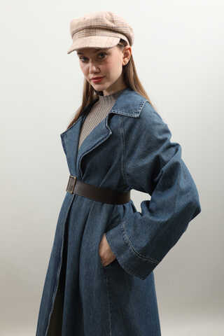 Deri Kemerli Denim Trençkot Açık Mavi - 18