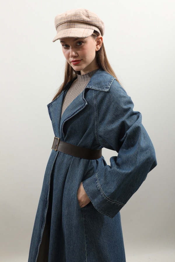 Deri Kemerli Denim Trençkot Açık Mavi - 18