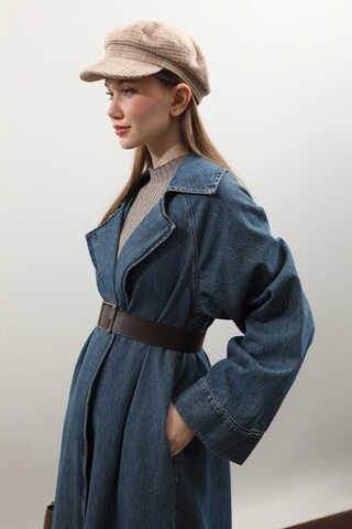 Deri Kemerli Denim Trençkot Açık Mavi - 19