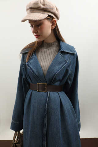 Deri Kemerli Denim Trençkot Açık Mavi - 21