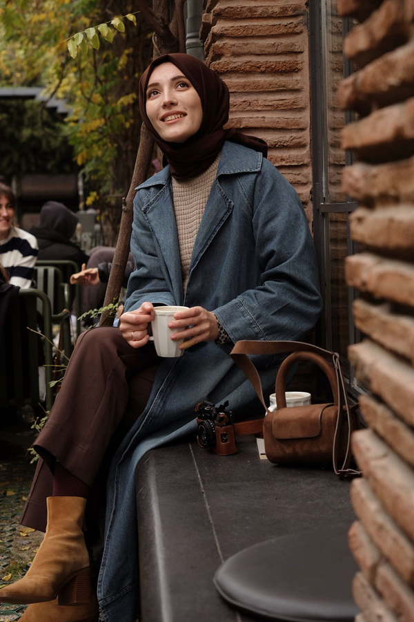 Deri Kemerli Denim Trençkot Açık Mavi - 2