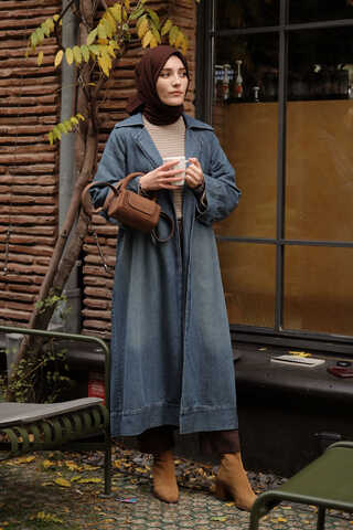 Deri Kemerli Denim Trençkot Açık Mavi - 5
