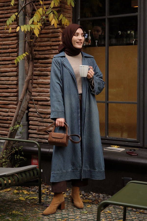 Deri Kemerli Denim Trençkot Açık Mavi - 1