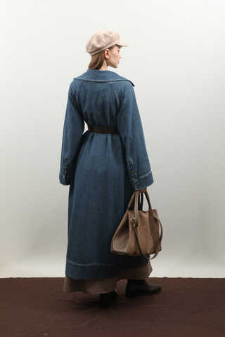 Deri Kemerli Denim Trençkot Açık Mavi - 22