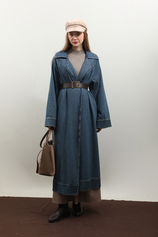 Deri Kemerli Denim Trençkot Açık Mavi - 11