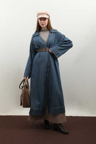 Deri Kemerli Denim Trençkot Açık Mavi - 12