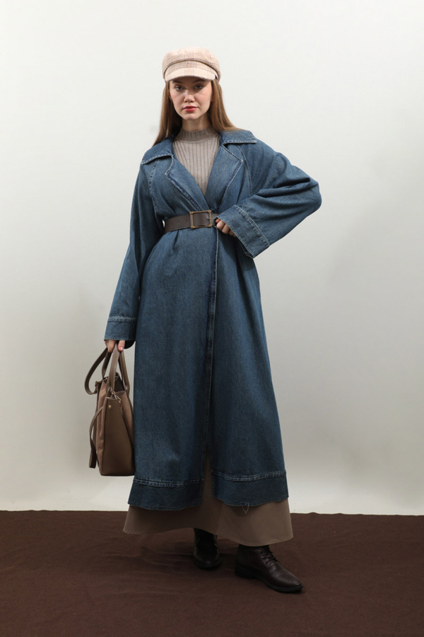 Deri Kemerli Denim Trençkot Açık Mavi - 12