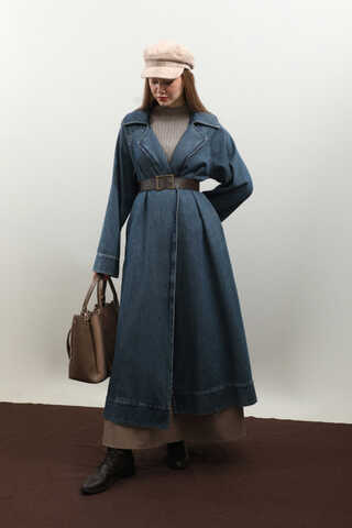 Deri Kemerli Denim Trençkot Açık Mavi - 7