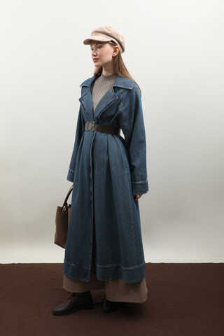 Deri Kemerli Denim Trençkot Açık Mavi - 14
