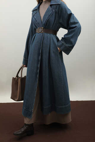 Deri Kemerli Denim Trençkot Açık Mavi - 15