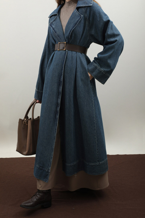 Deri Kemerli Denim Trençkot Açık Mavi - 15