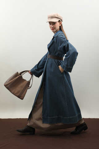 Deri Kemerli Denim Trençkot Açık Mavi - 16