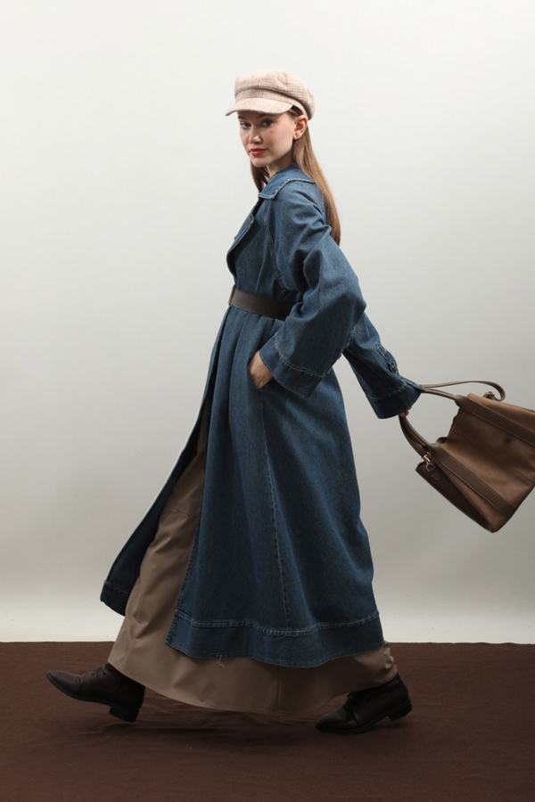 Deri Kemerli Denim Trençkot Açık Mavi - 17