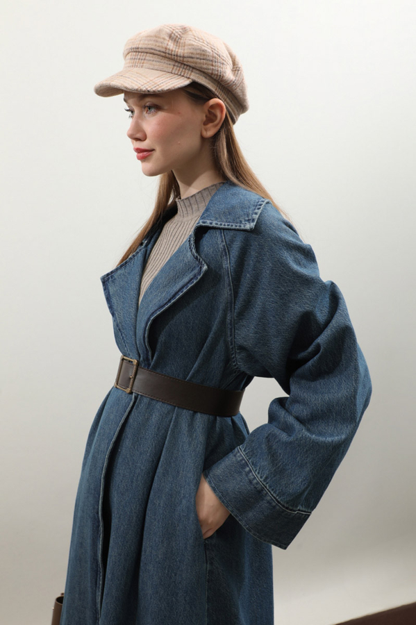 Deri Kemerli Denim Trençkot Açık Mavi - 19