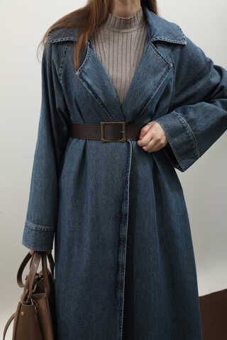 Deri Kemerli Denim Trençkot Açık Mavi - 20