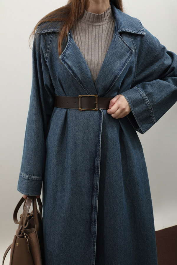 Deri Kemerli Denim Trençkot Açık Mavi - 20