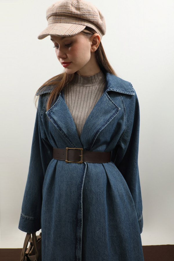 Deri Kemerli Denim Trençkot Açık Mavi - 21